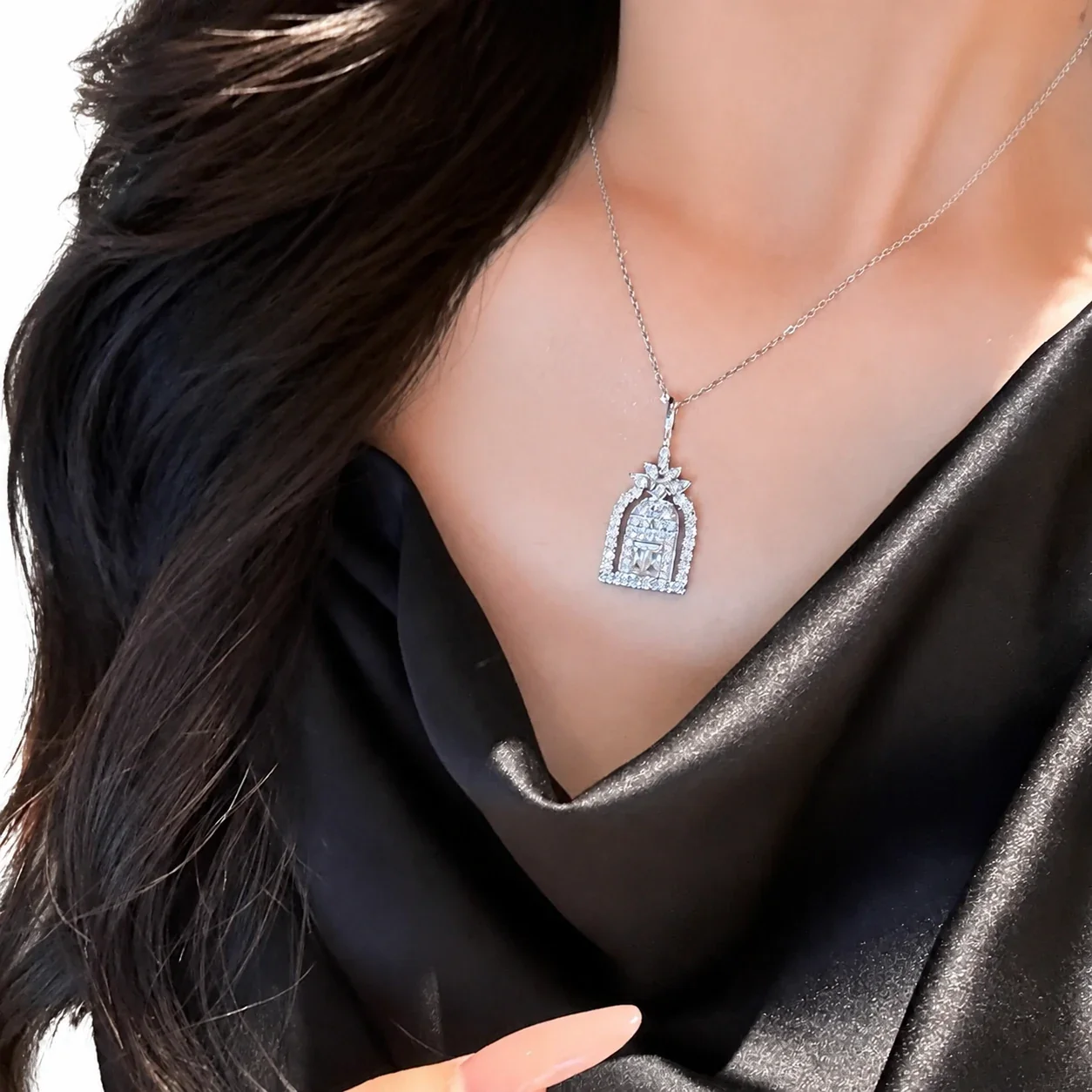 Ornate Silver-Plated Copper Doorway Pavé Pendant Necklace