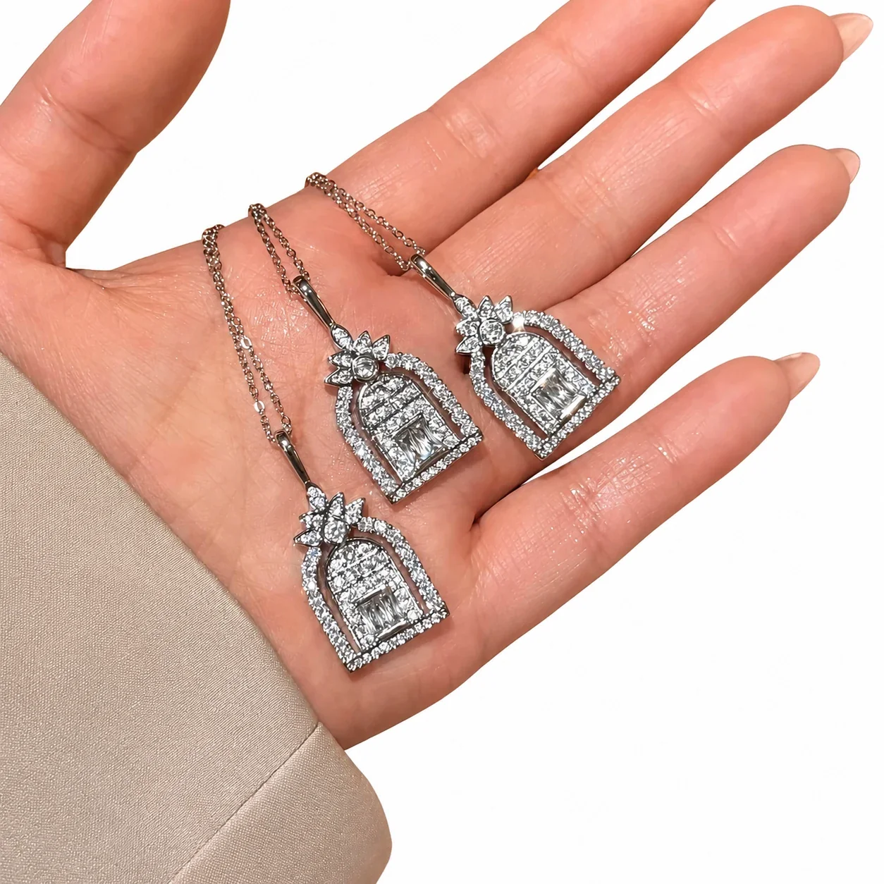 Ornate Silver-Plated Copper Doorway Pavé Pendant Necklace