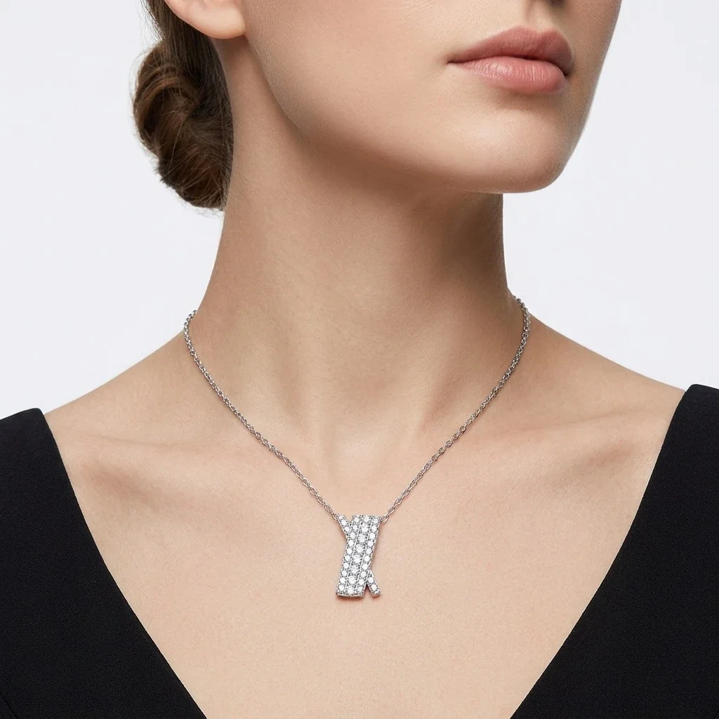 Angular 925 Sterling Silver Pave Moissanite Pendant Necklace