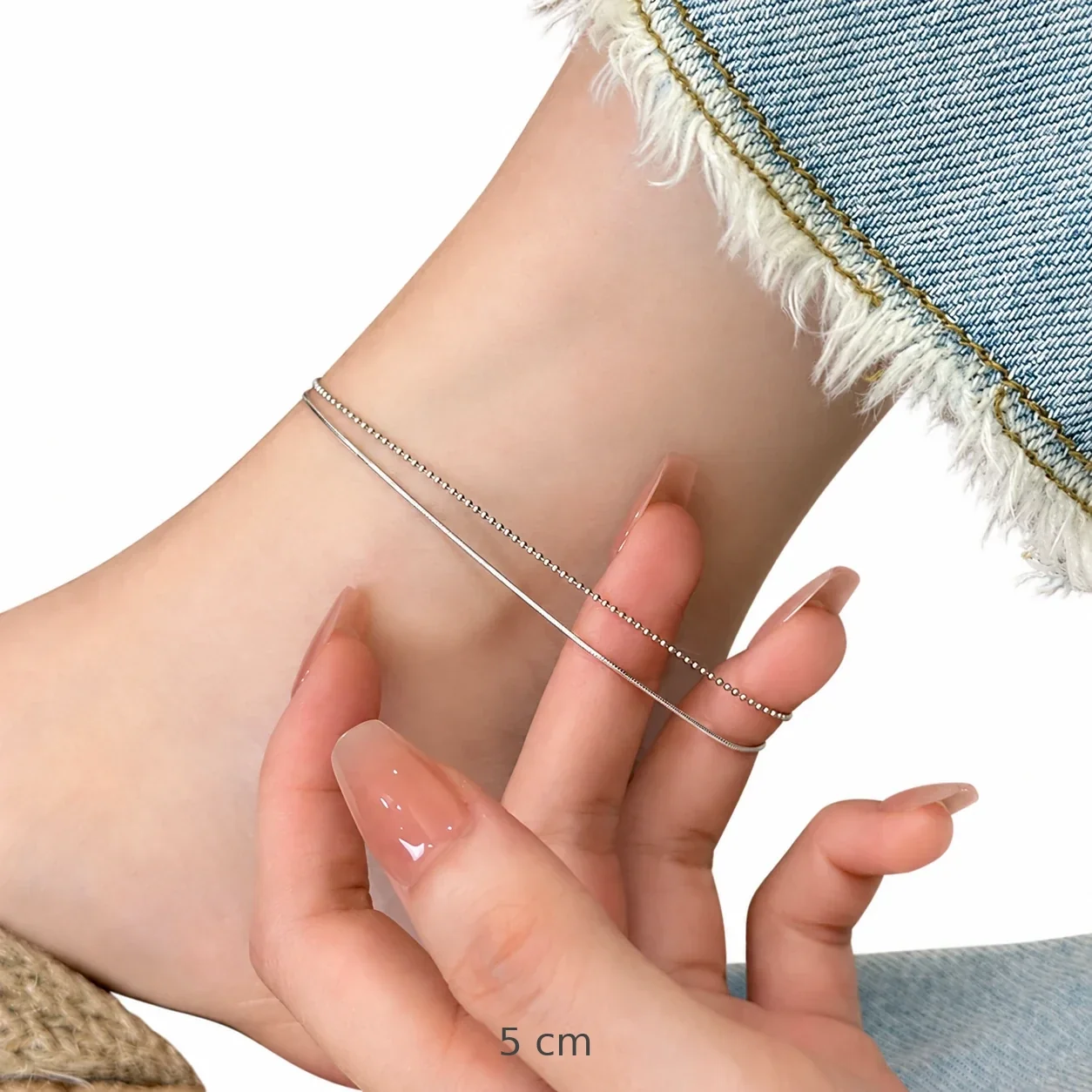 Minimalist 925 Sterling Silver Bead & Snake Chain Anklet - Silver