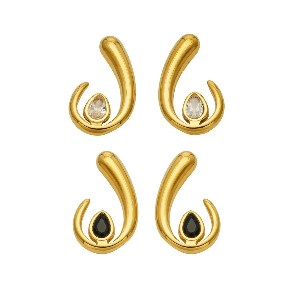 Sculptural Gold PVD U-Hoop Teardrop CZ Stud Earrings