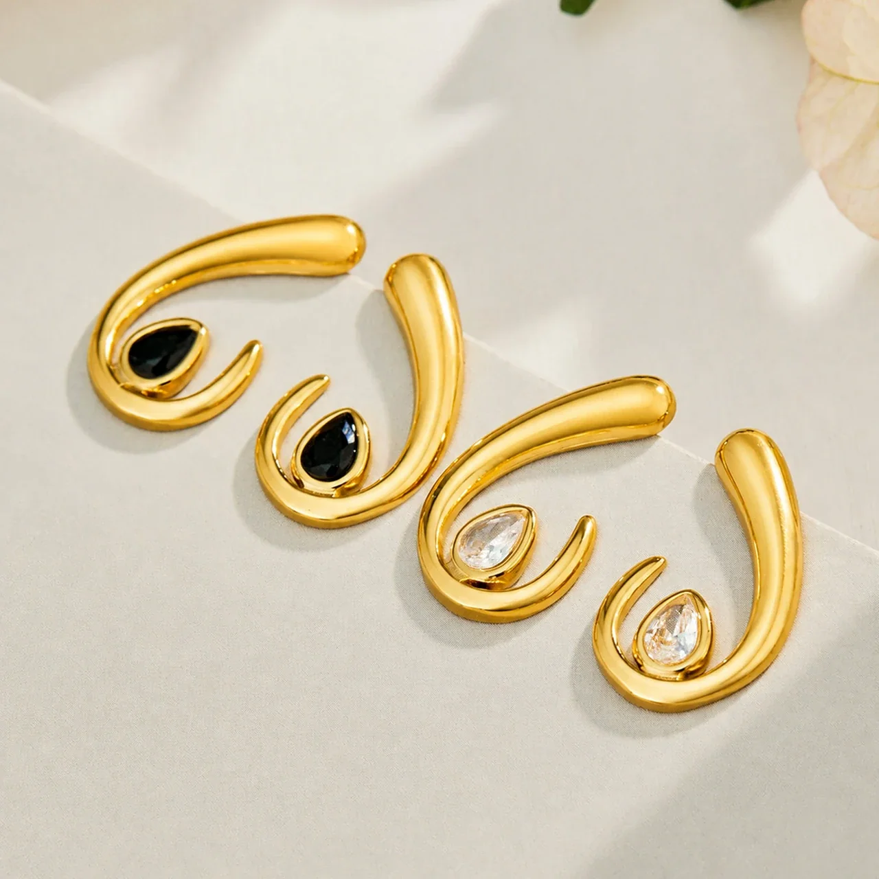 Sculptural Gold PVD U-Hoop Teardrop CZ Stud Earrings