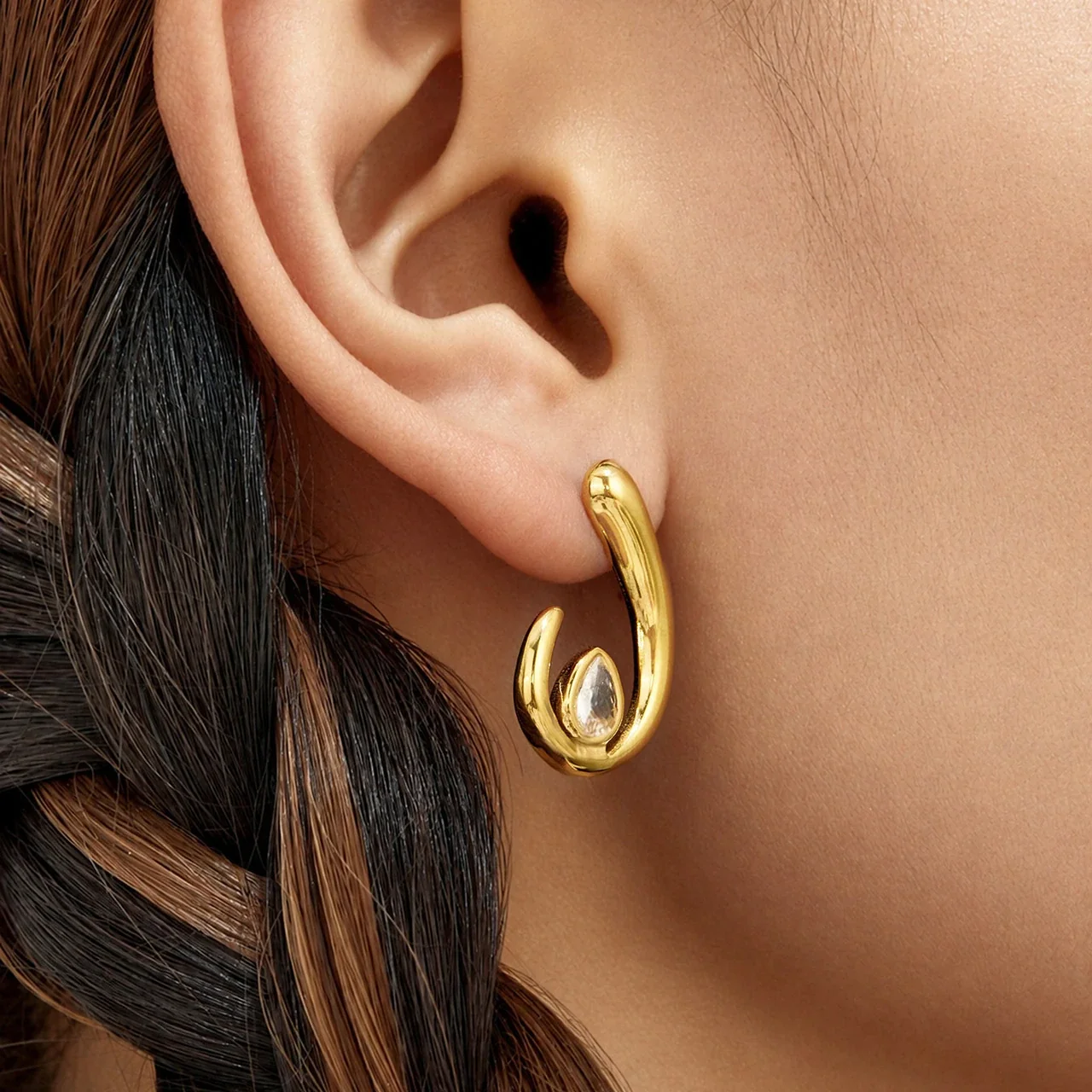 Sculptural Gold PVD U-Hoop Teardrop CZ Stud Earrings