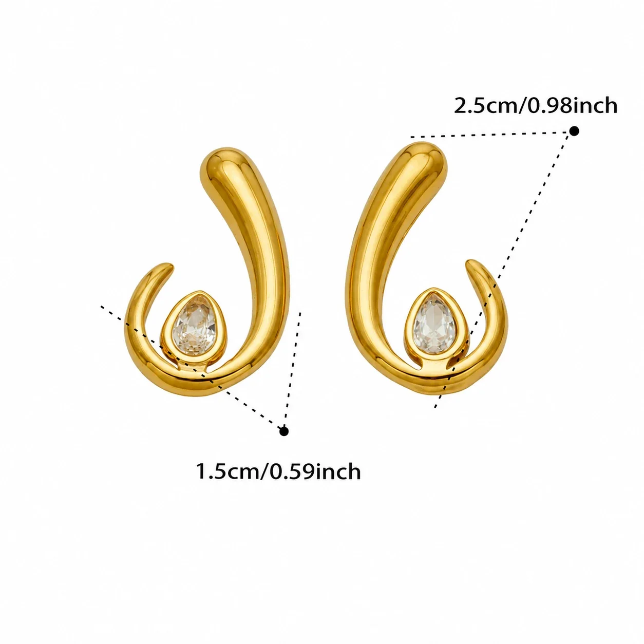 Sculptural Gold PVD U-Hoop Teardrop CZ Stud Earrings - Gold Clear CZ