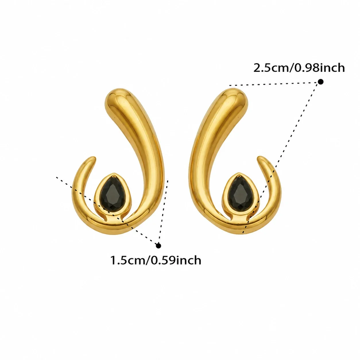 Sculptural Gold PVD U-Hoop Teardrop CZ Stud Earrings - Gold Black CZ
