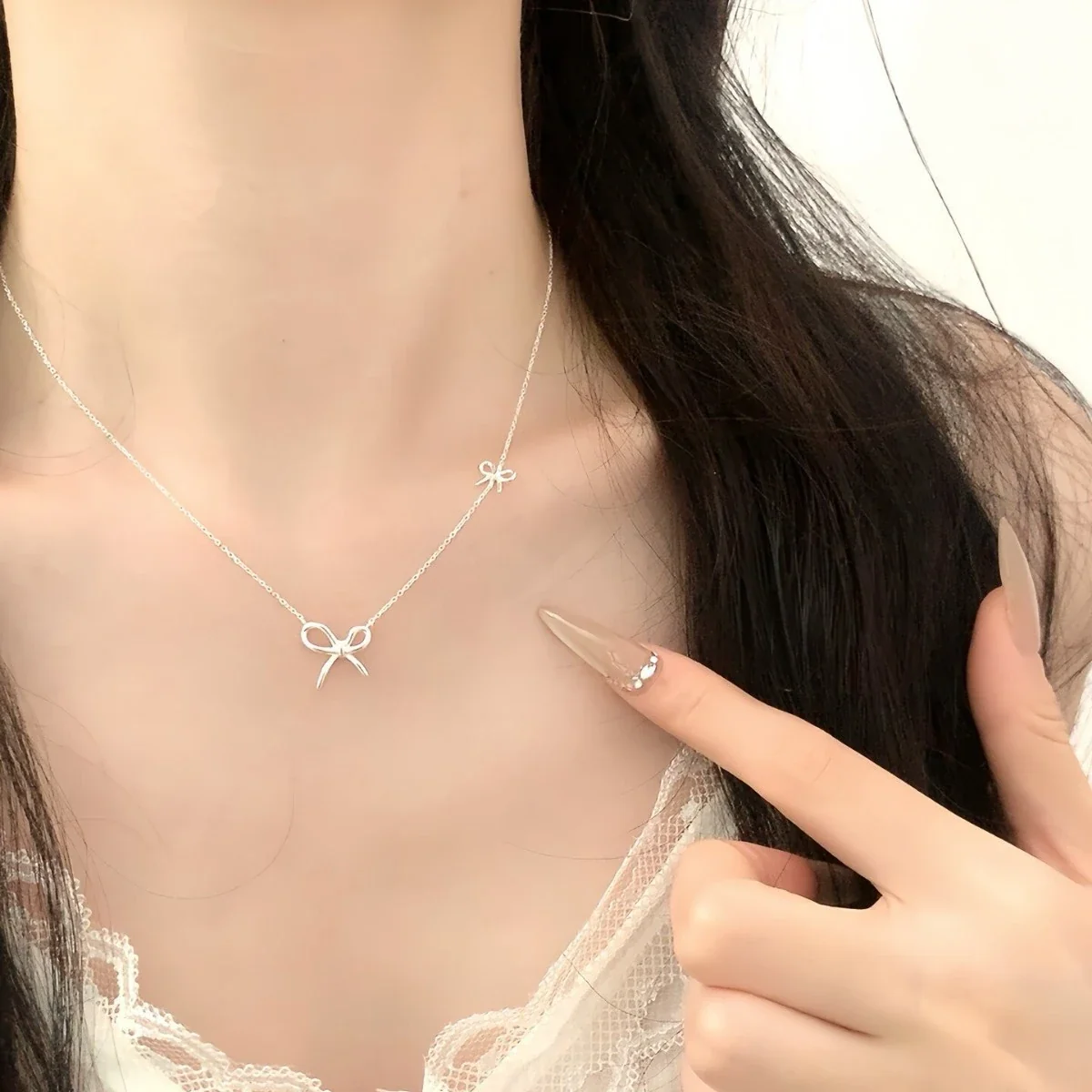 Delicate Open Bow 925 Sterling Silver Fine Cable Necklace