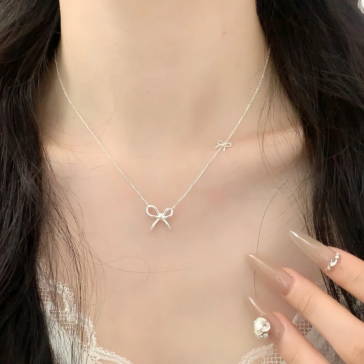 Delicate Open Bow 925 Sterling Silver Fine Cable Necklace