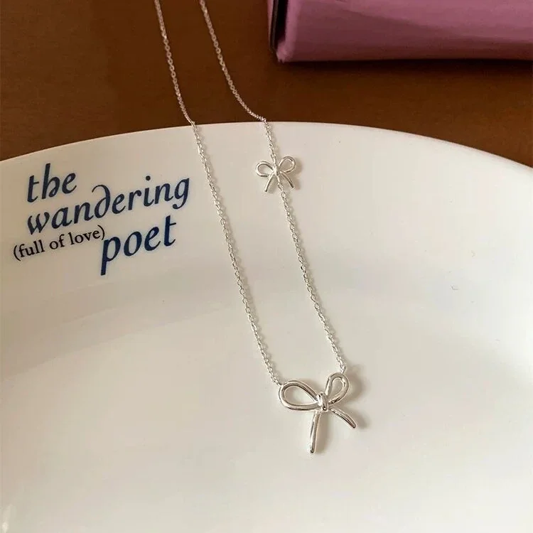 Delicate Open Bow 925 Sterling Silver Fine Cable Necklace