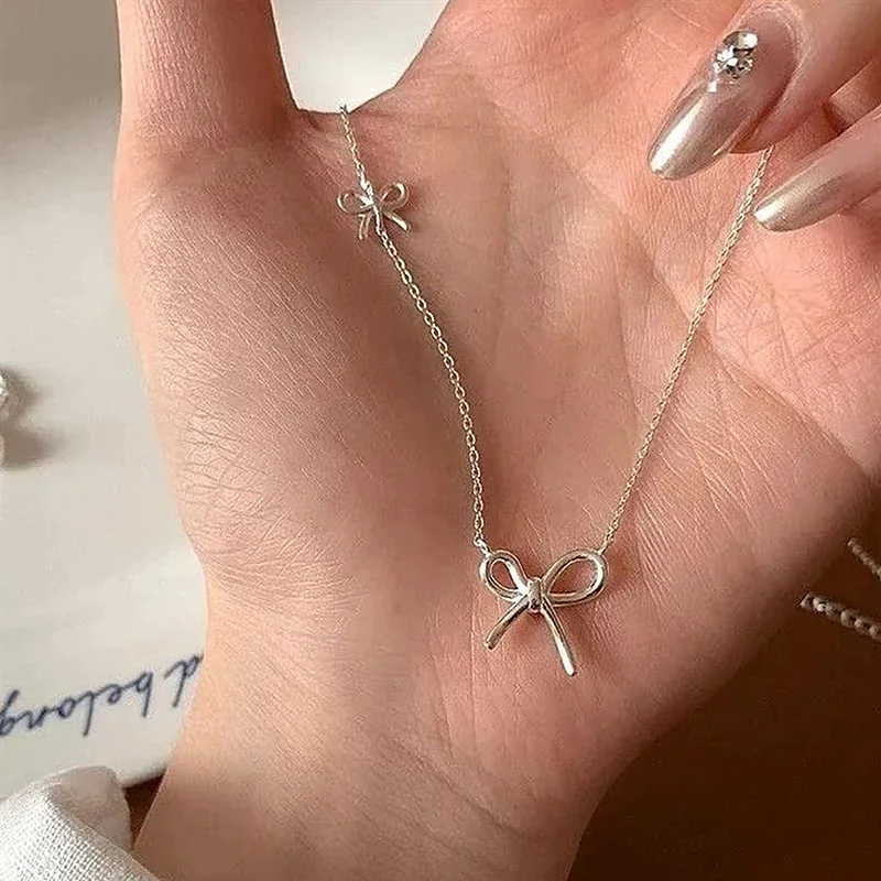 Delicate Open Bow 925 Sterling Silver Fine Cable Necklace