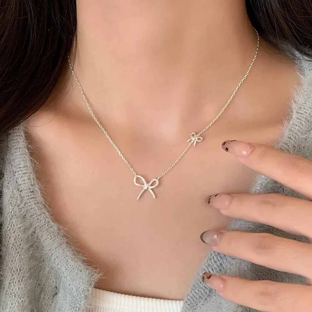 Delicate Open Bow 925 Sterling Silver Fine Cable Necklace - Silver