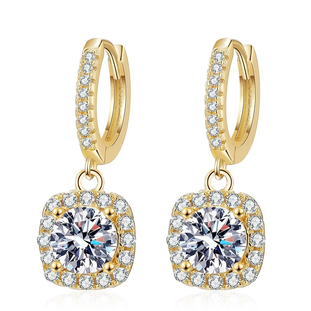 Luminous Gold-Tone Pavé Hoop Cushion Moissanite Earrings