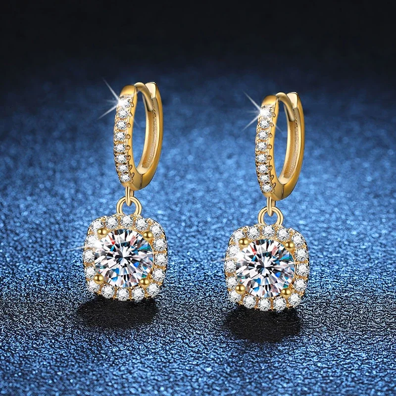 Luminous Gold-Tone Pavé Hoop Cushion Moissanite Earrings