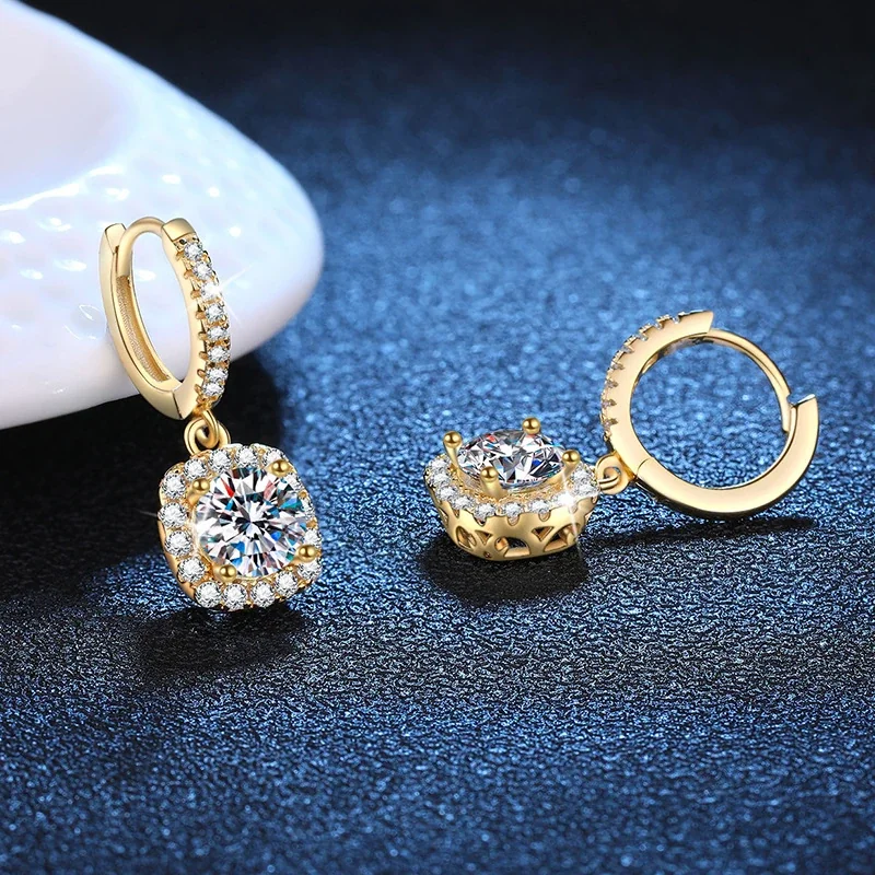 Luminous Gold-Tone Pavé Hoop Cushion Moissanite Earrings
