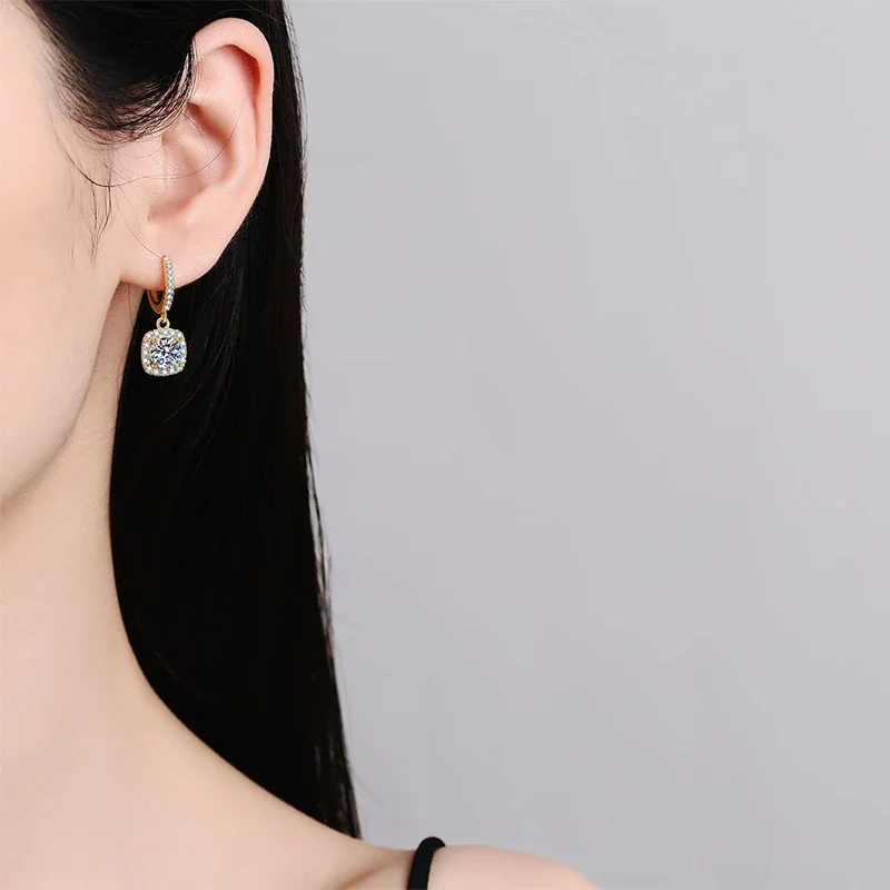 Luminous Gold-Tone Pavé Hoop Cushion Moissanite Earrings