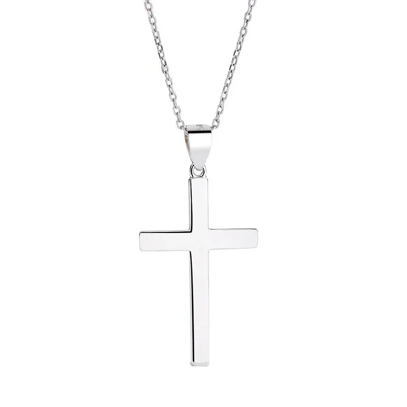 Polished 925 Sterling Silver Flat Cross Pendant Necklace
