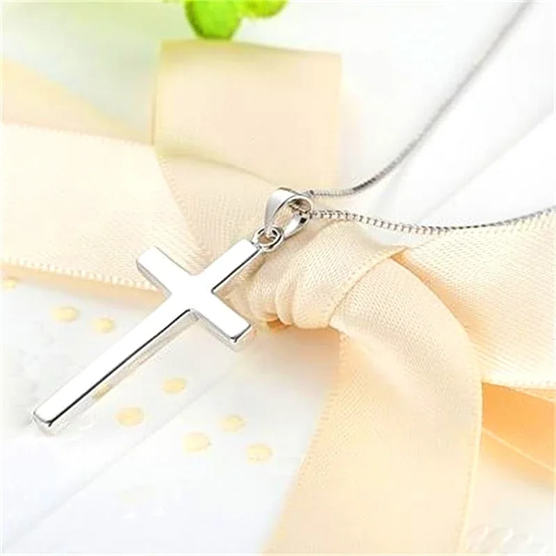 Polished 925 Sterling Silver Flat Cross Pendant Necklace