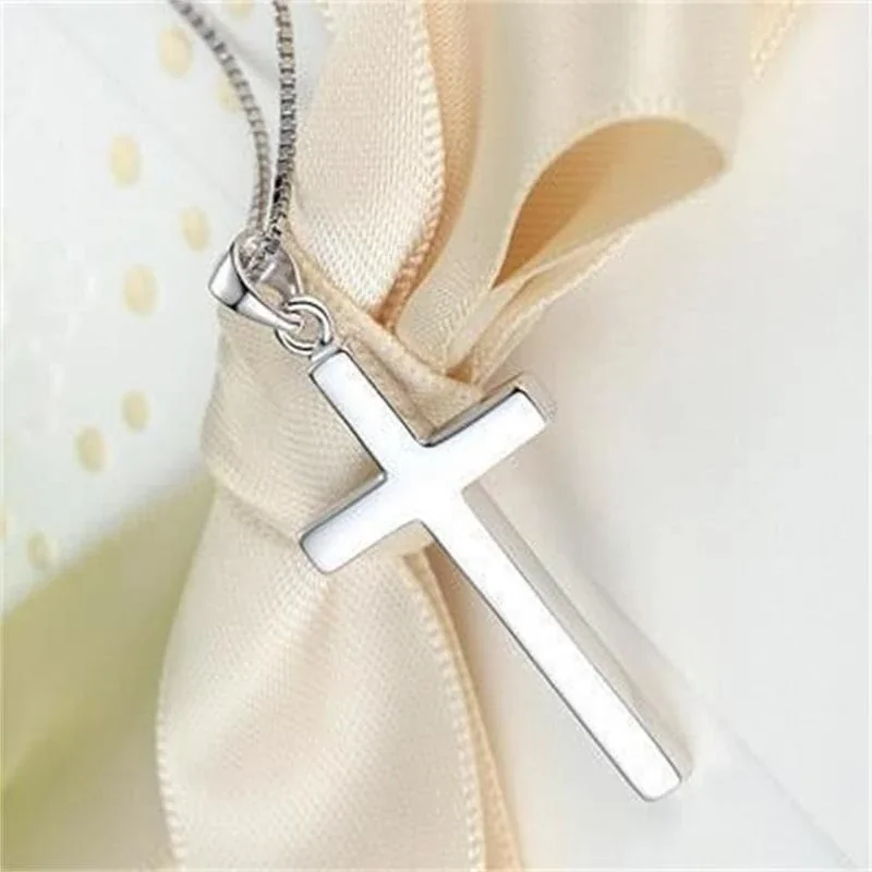 Polished 925 Sterling Silver Flat Cross Pendant Necklace