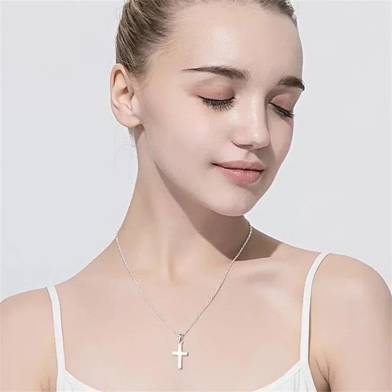 Polished 925 Sterling Silver Flat Cross Pendant Necklace