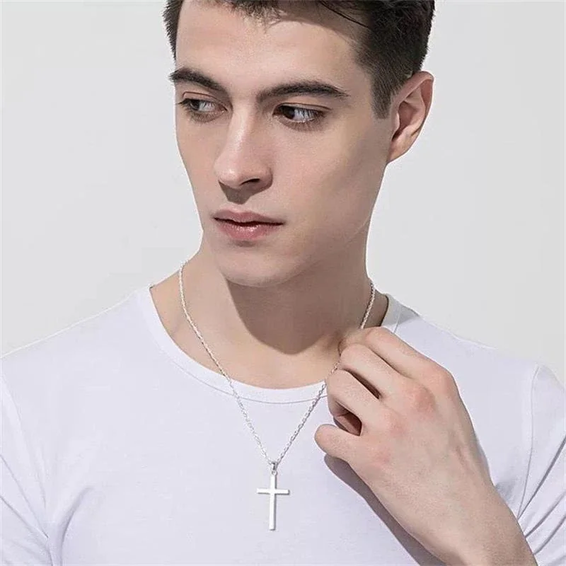 Polished 925 Sterling Silver Flat Cross Pendant Necklace