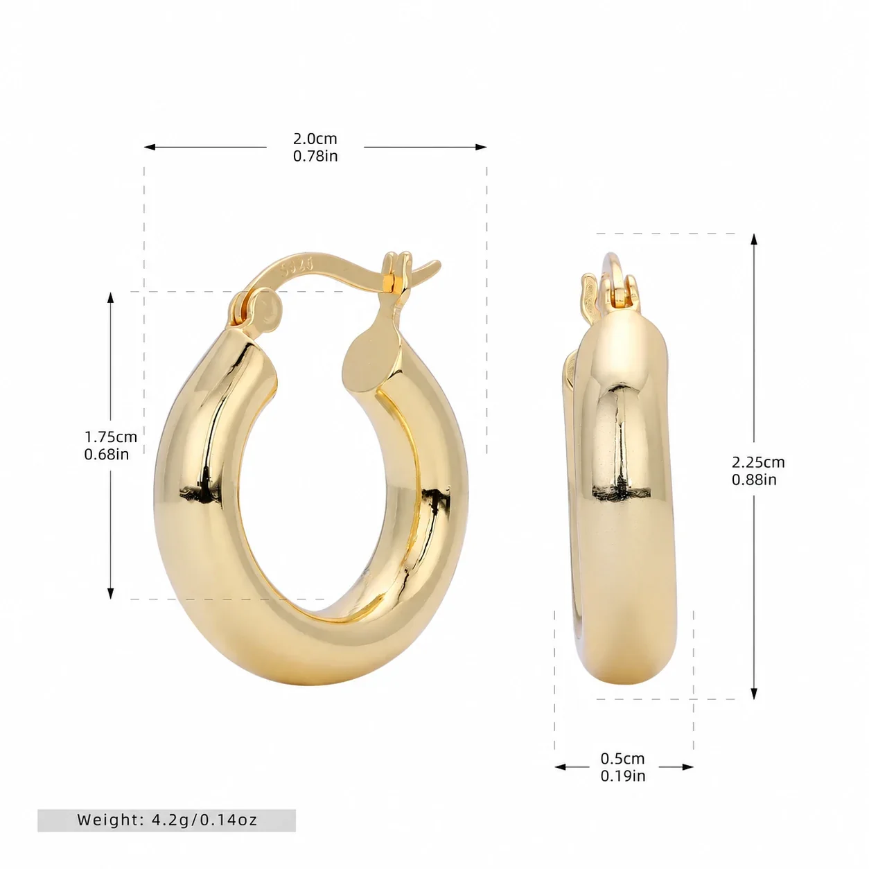 Sculpted 925 Sterling Silver Rounded Tube Hinged Hoop Earrings - Gold