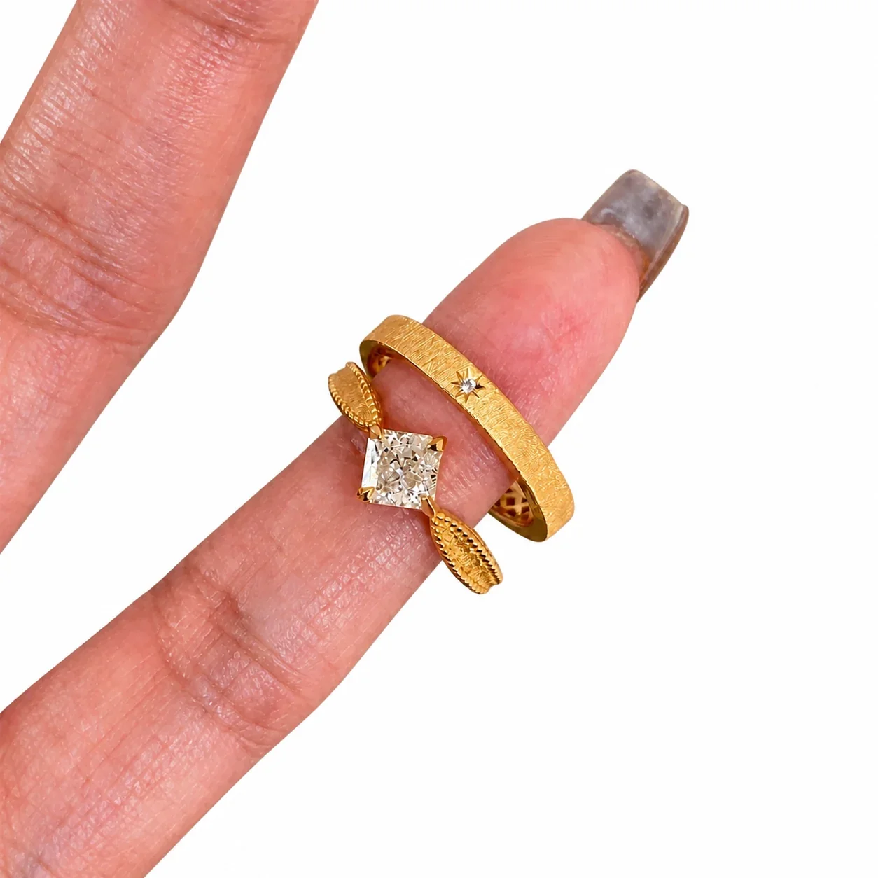 Artful Gold-Plated Copper Square CZ Brushed Open Ring