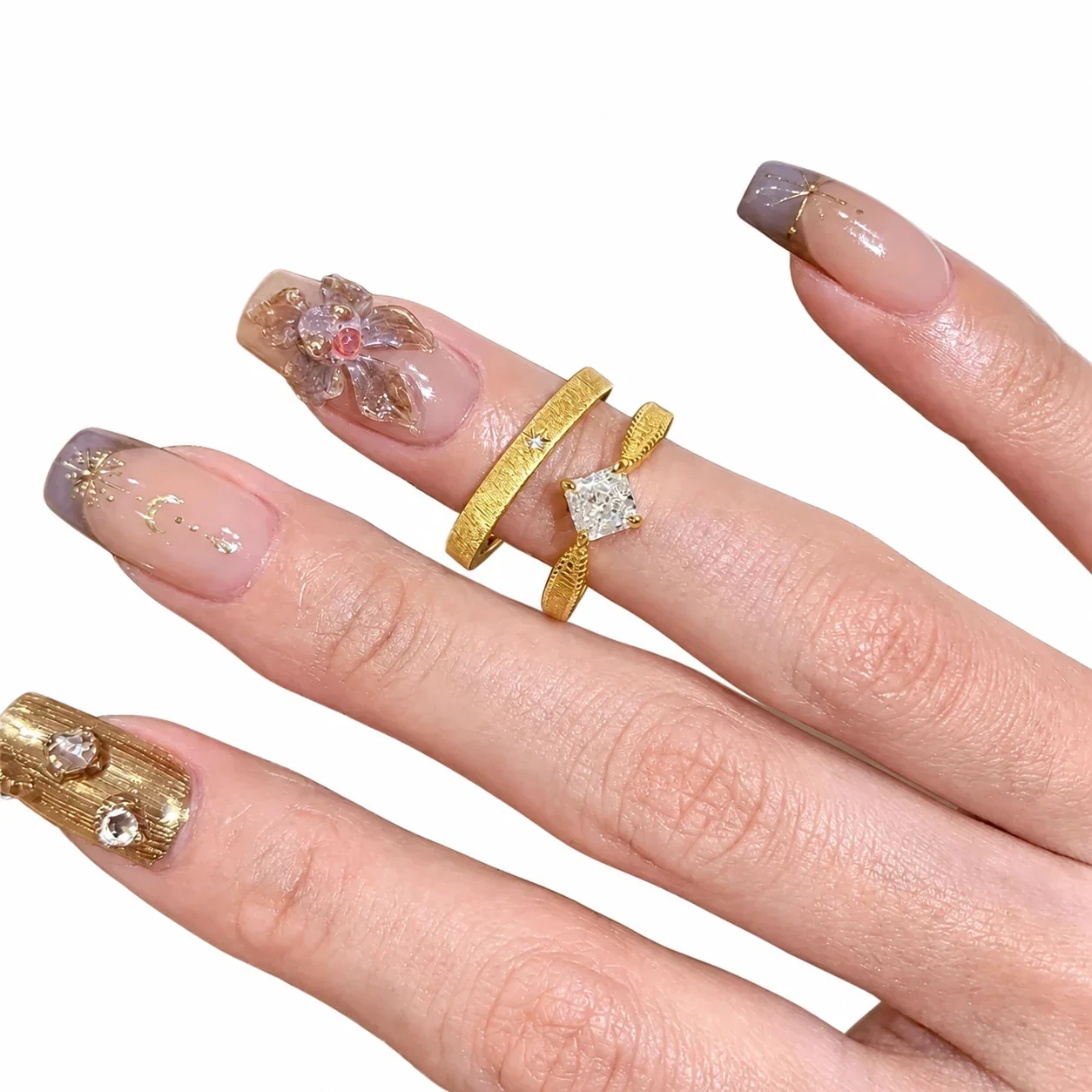 Artful Gold-Plated Copper Square CZ Brushed Open Ring