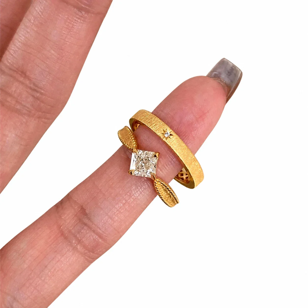 Artful Gold-Plated Copper Square CZ Brushed Open Ring - Gold Square CZ