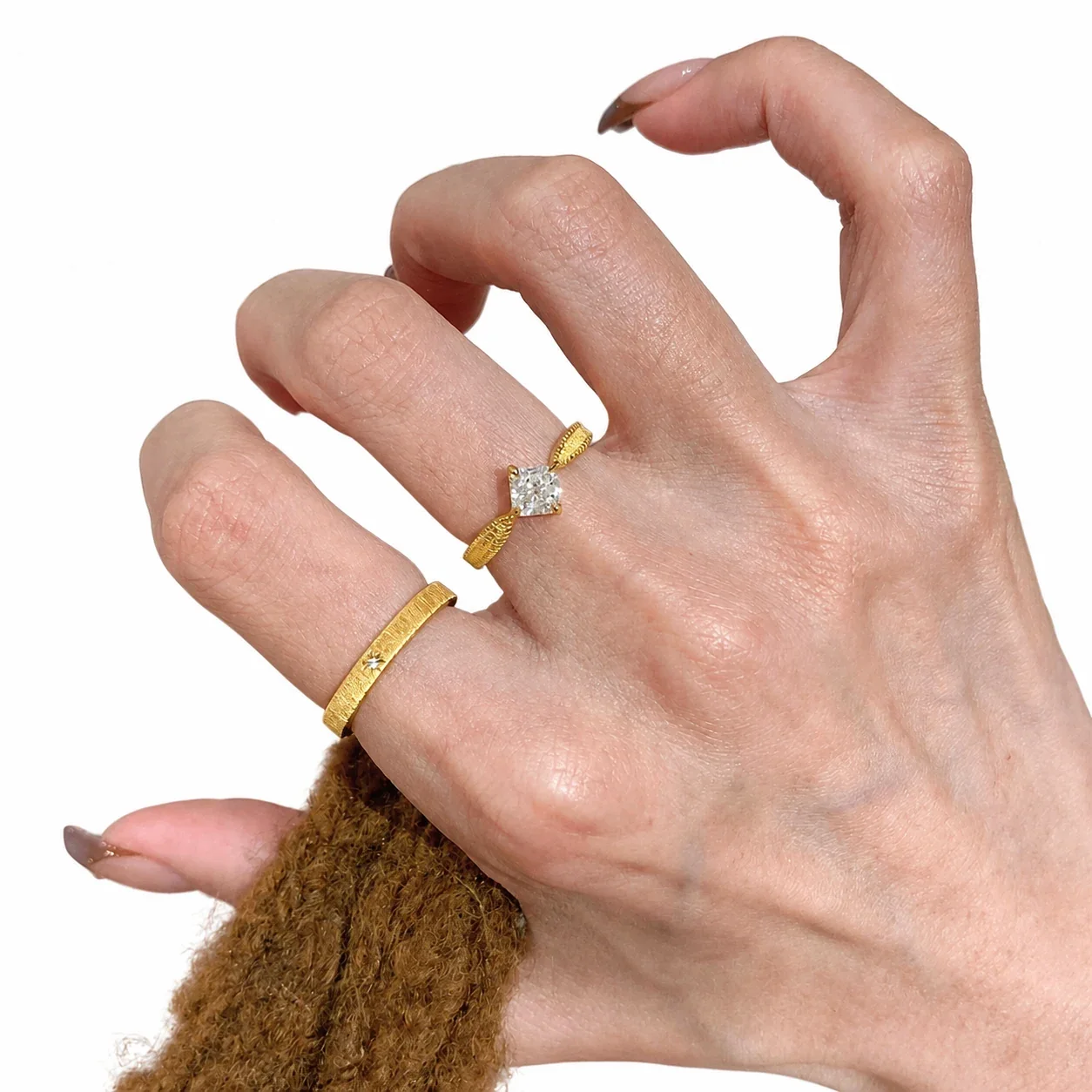 Artful Gold-Plated Copper Square CZ Brushed Open Ring - Gold Square CZ + Star Brushed