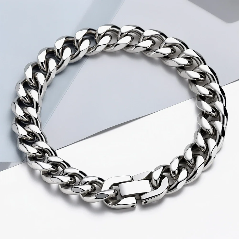 Bold Stainless Steel Faceted Cuban Link Chain Bracelet - Polished Steel Clasp