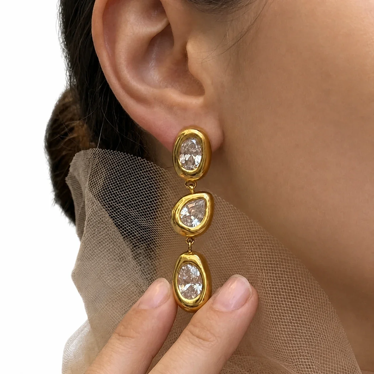 Sculptural 18K Gold-Plated Oval Bezel CZ Drop Earrings