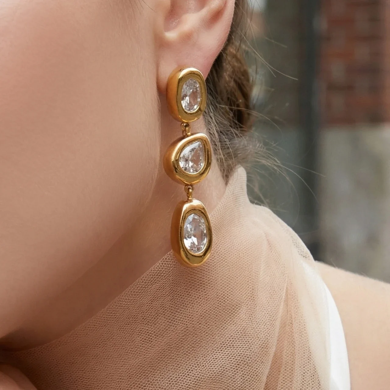 Sculptural 18K Gold-Plated Oval Bezel CZ Drop Earrings