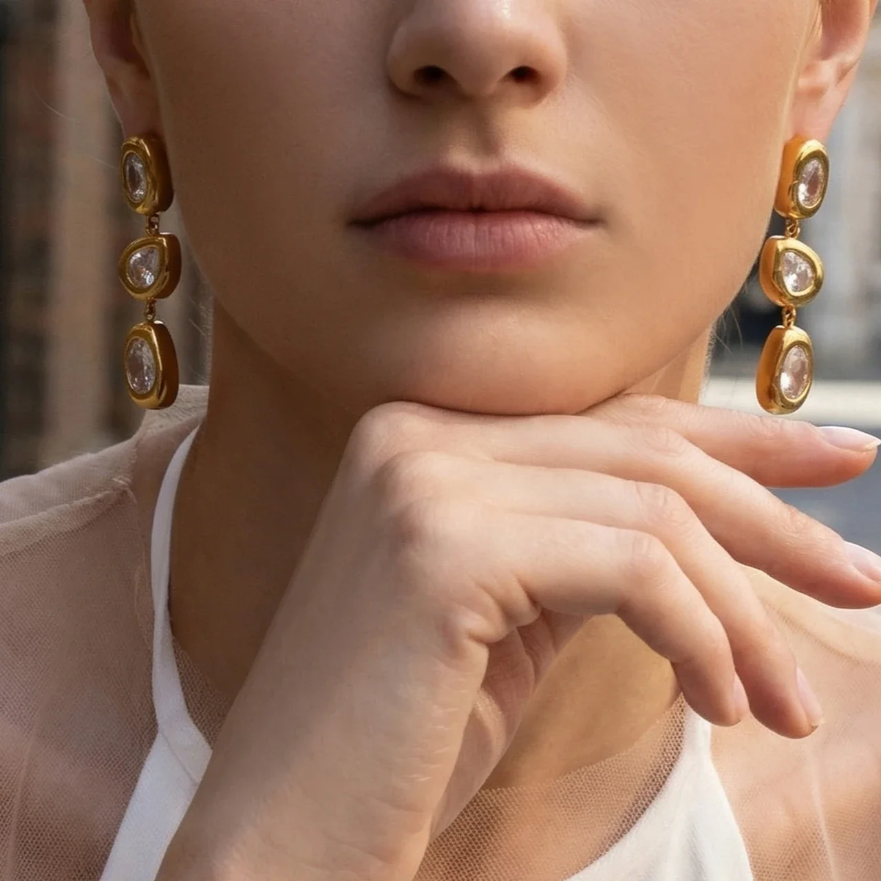 Sculptural 18K Gold-Plated Oval Bezel CZ Drop Earrings