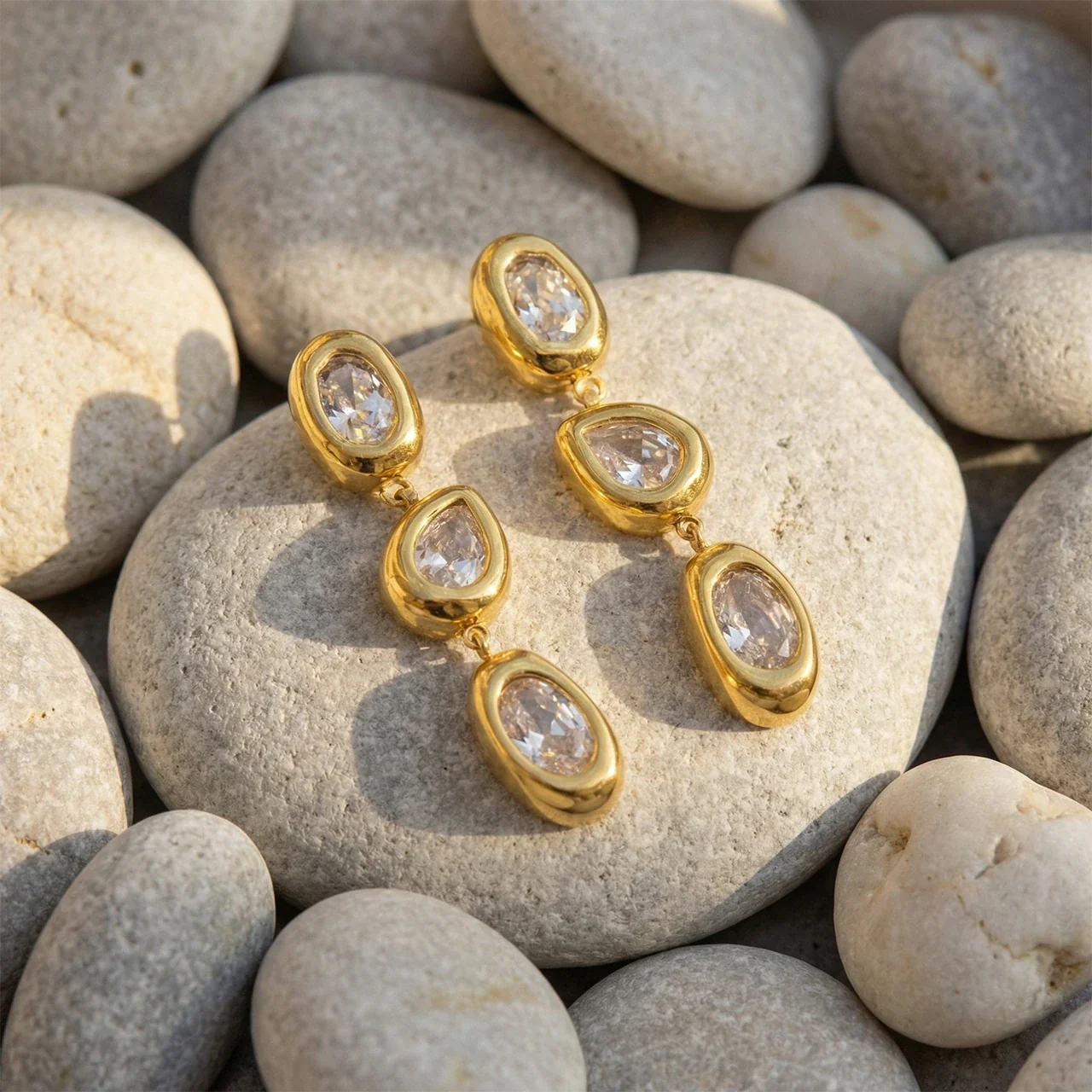Sculptural 18K Gold-Plated Oval Bezel CZ Drop Earrings
