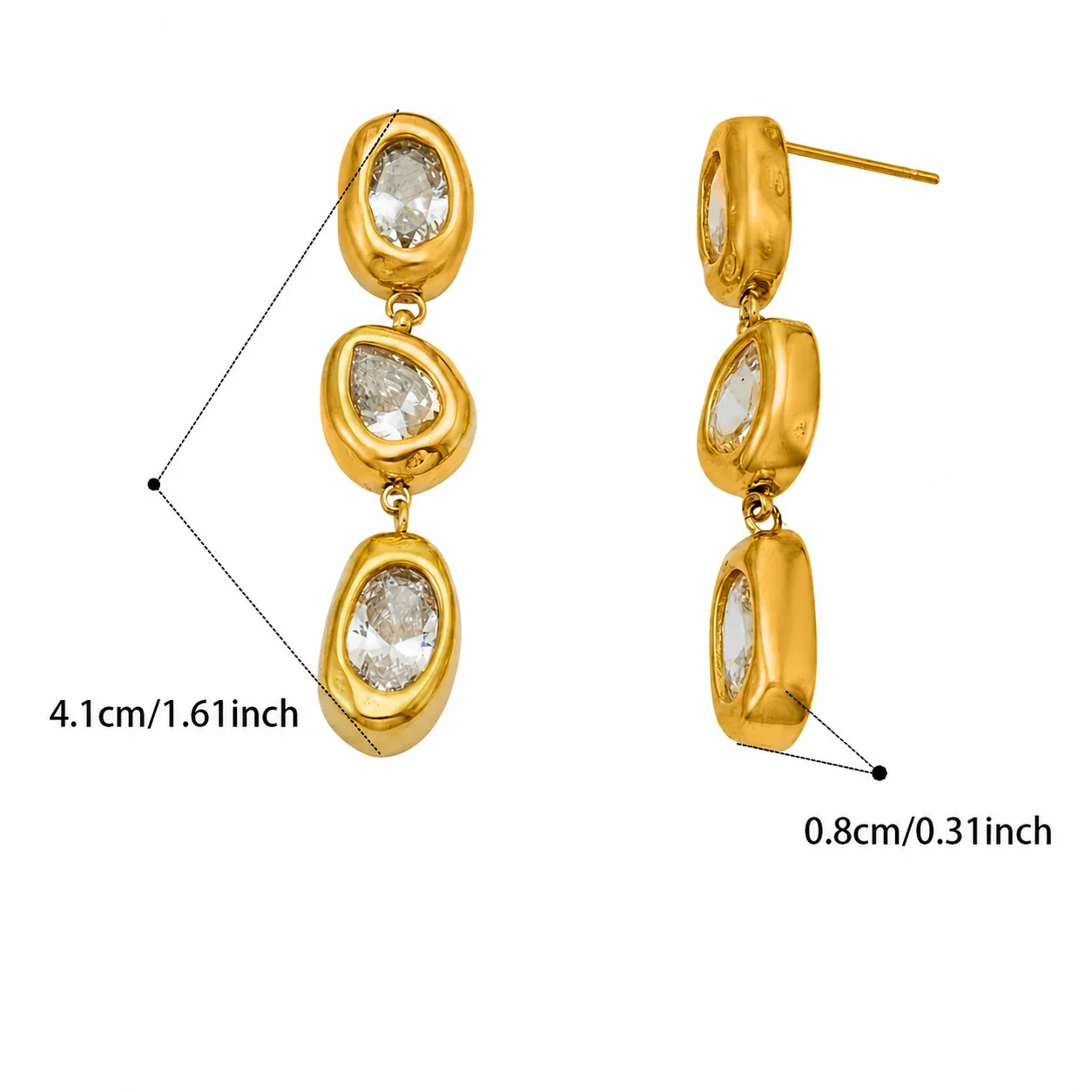 Sculptural 18K Gold-Plated Oval Bezel CZ Drop Earrings - Gold
