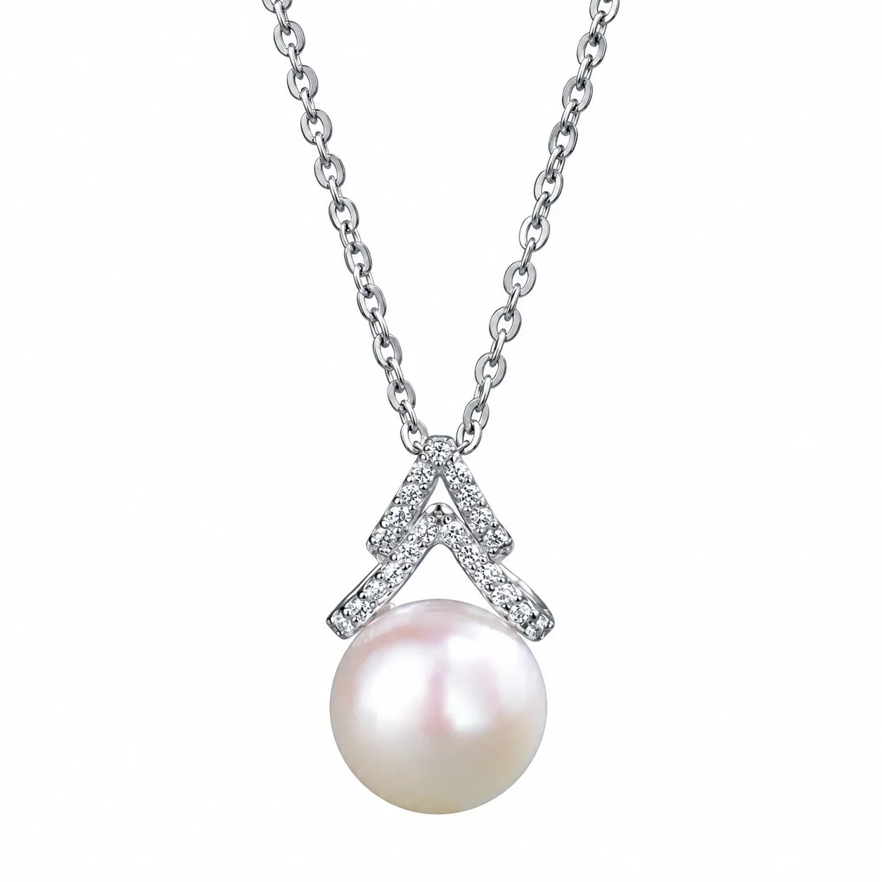 Luminous 925 Sterling Silver Pavé Chevron Pearl Necklace