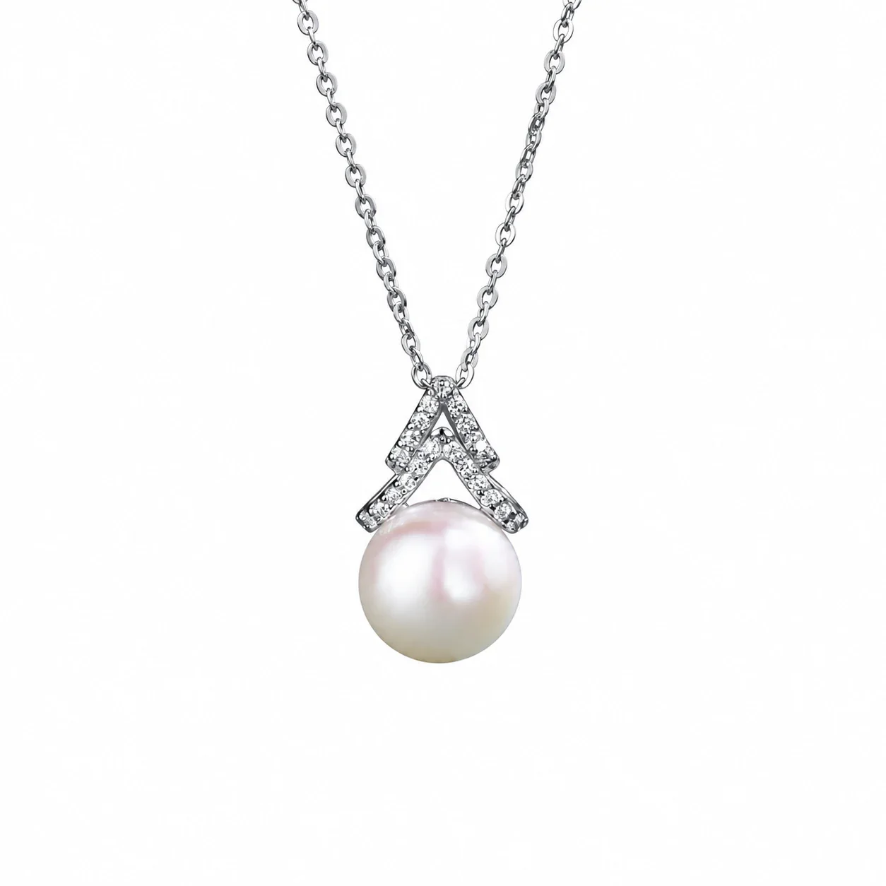 Luminous 925 Sterling Silver Pavé Chevron Pearl Necklace