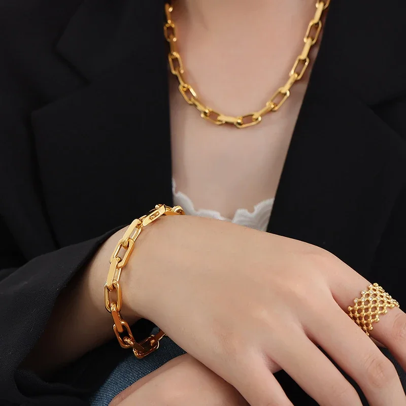 Bold Gold-Plated Stainless Steel Paperclip Chain Jewelry Set