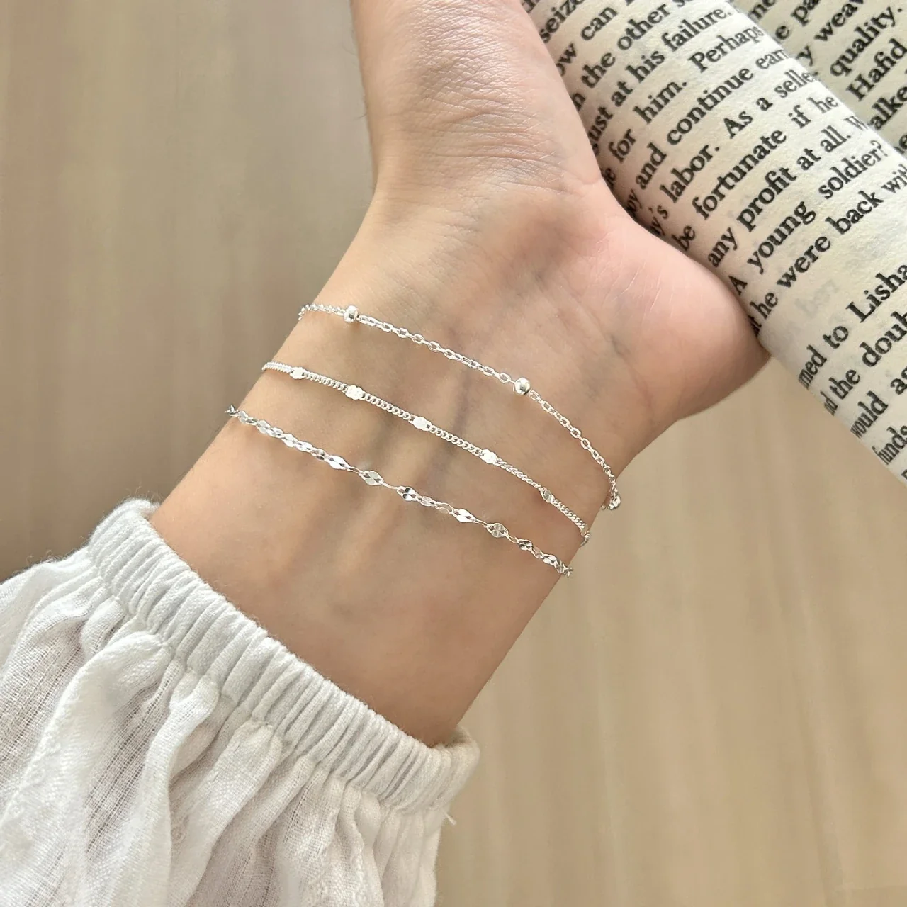 Delicate 925 sterling silver triple-chain bead Bracelet