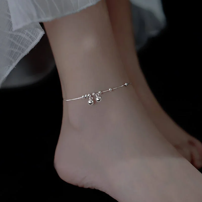 Polished 925 Sterling Silver Double Bell Bead Anklet