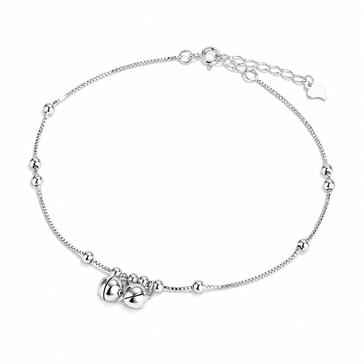 Polished 925 Sterling Silver Double Bell Bead Anklet - Silver