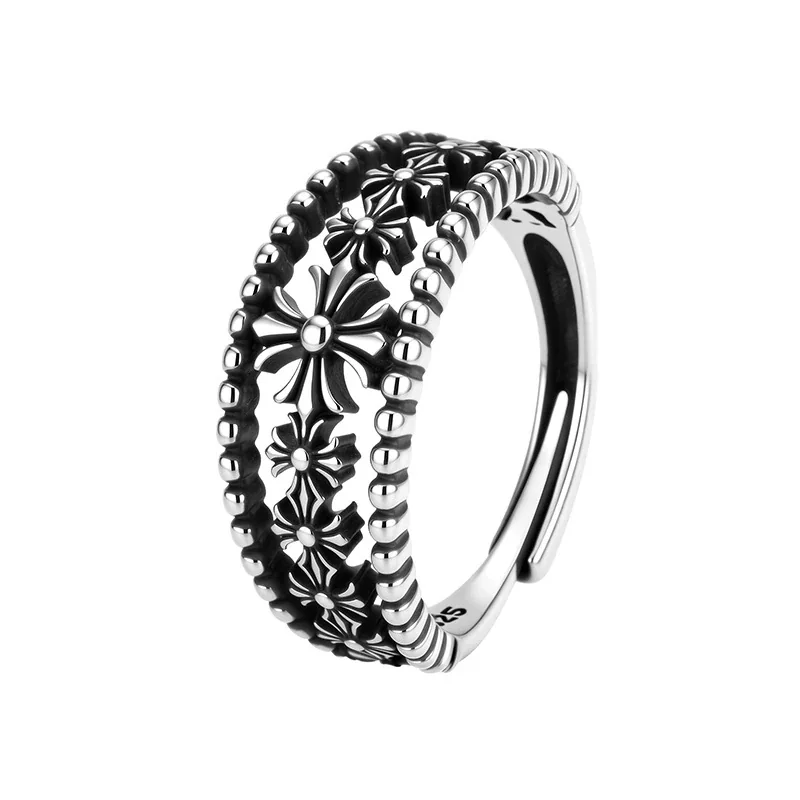 Antiqued Silver-Plated Floral Beaded Copper Open Ring