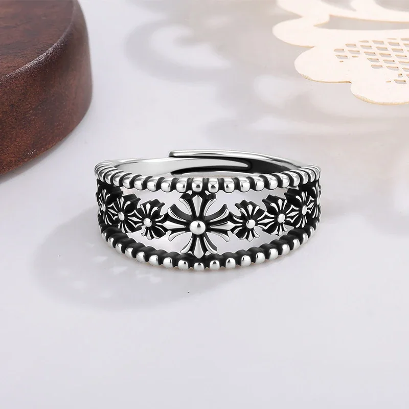 Antiqued Silver-Plated Floral Beaded Copper Open Ring