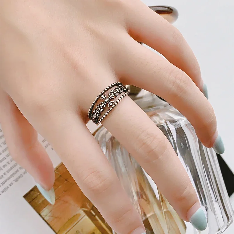 Antiqued Silver-Plated Floral Beaded Copper Open Ring