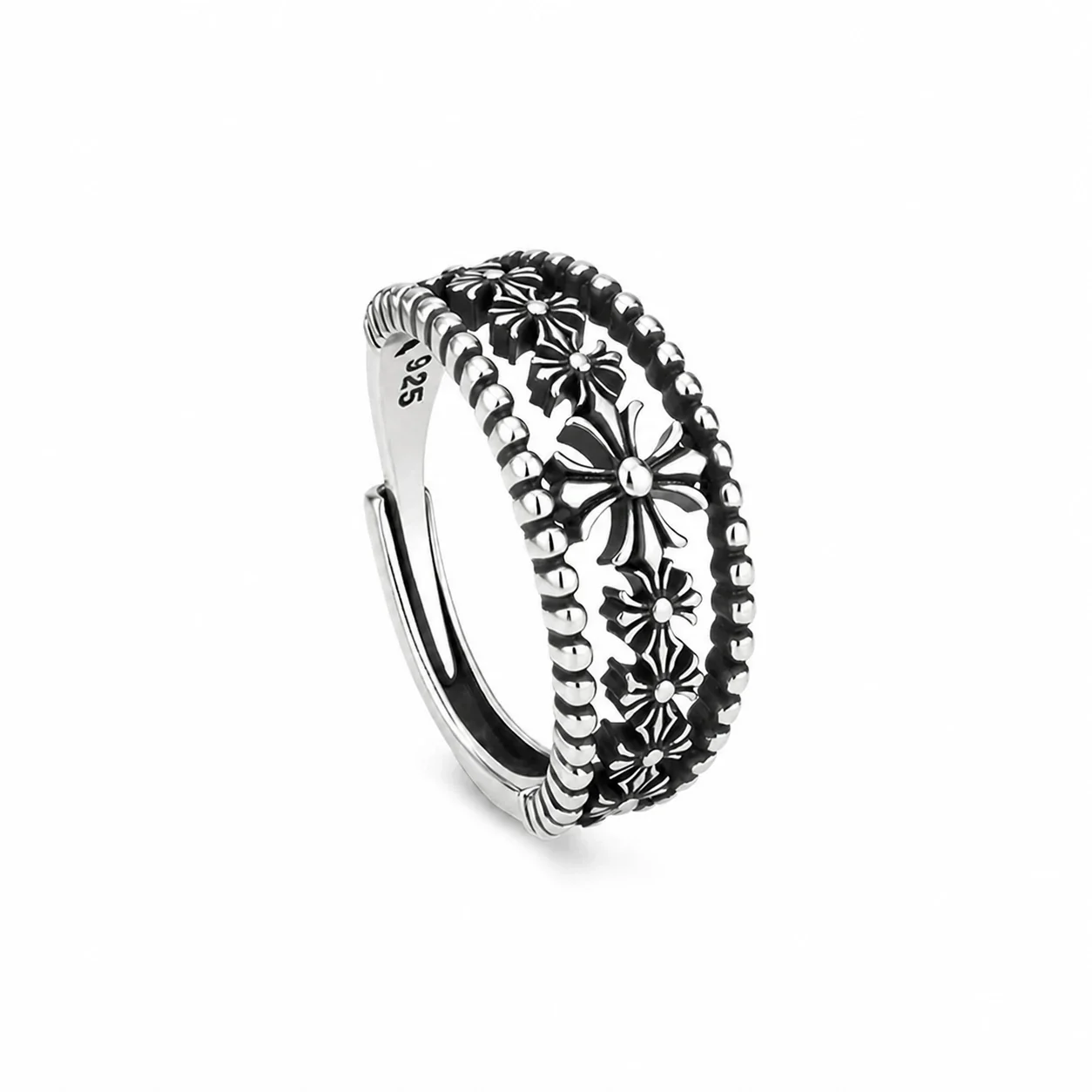 Antiqued Silver-Plated Floral Beaded Copper Open Ring - Silver