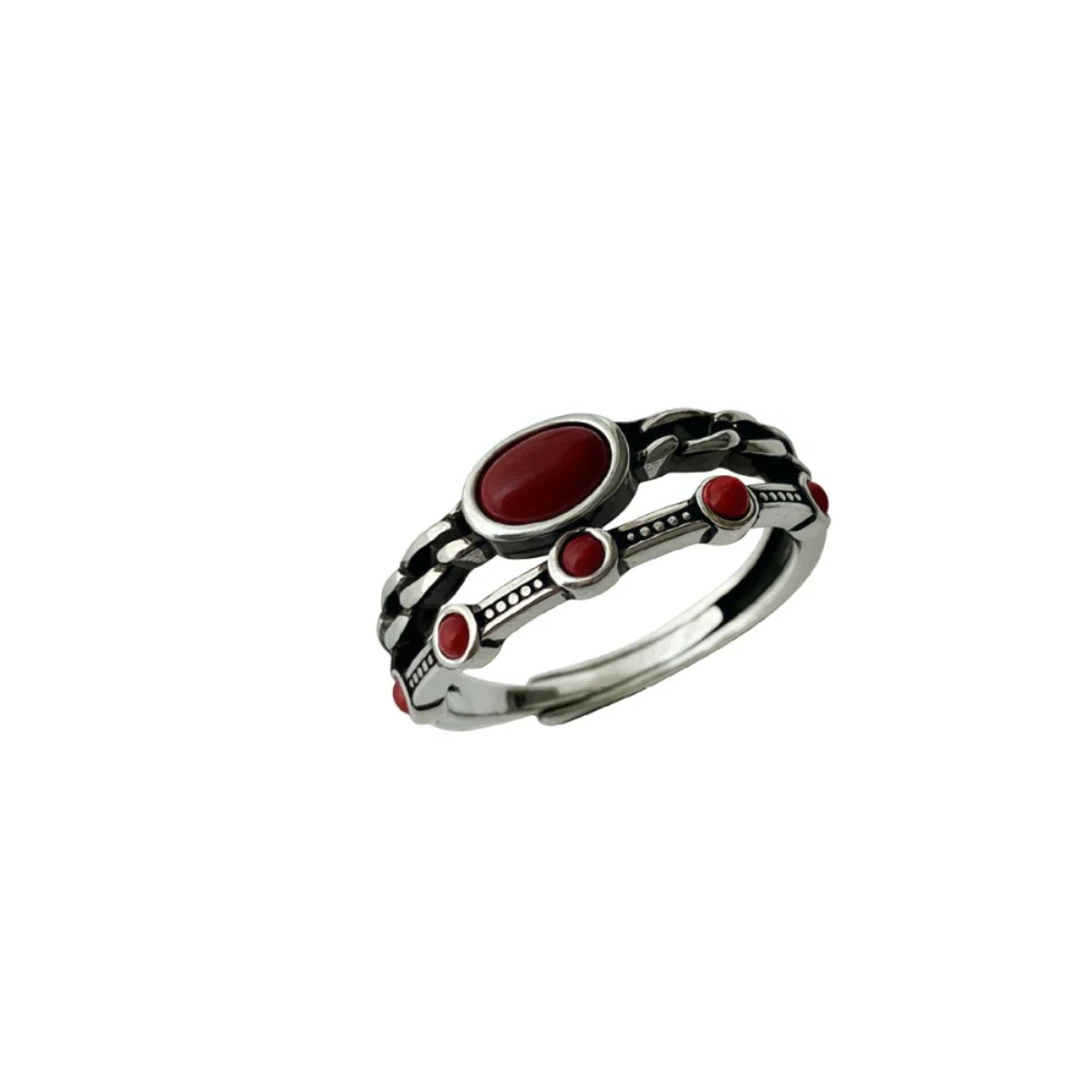 Vintage Silver-Plated Oval Red Bezel Copper Ring