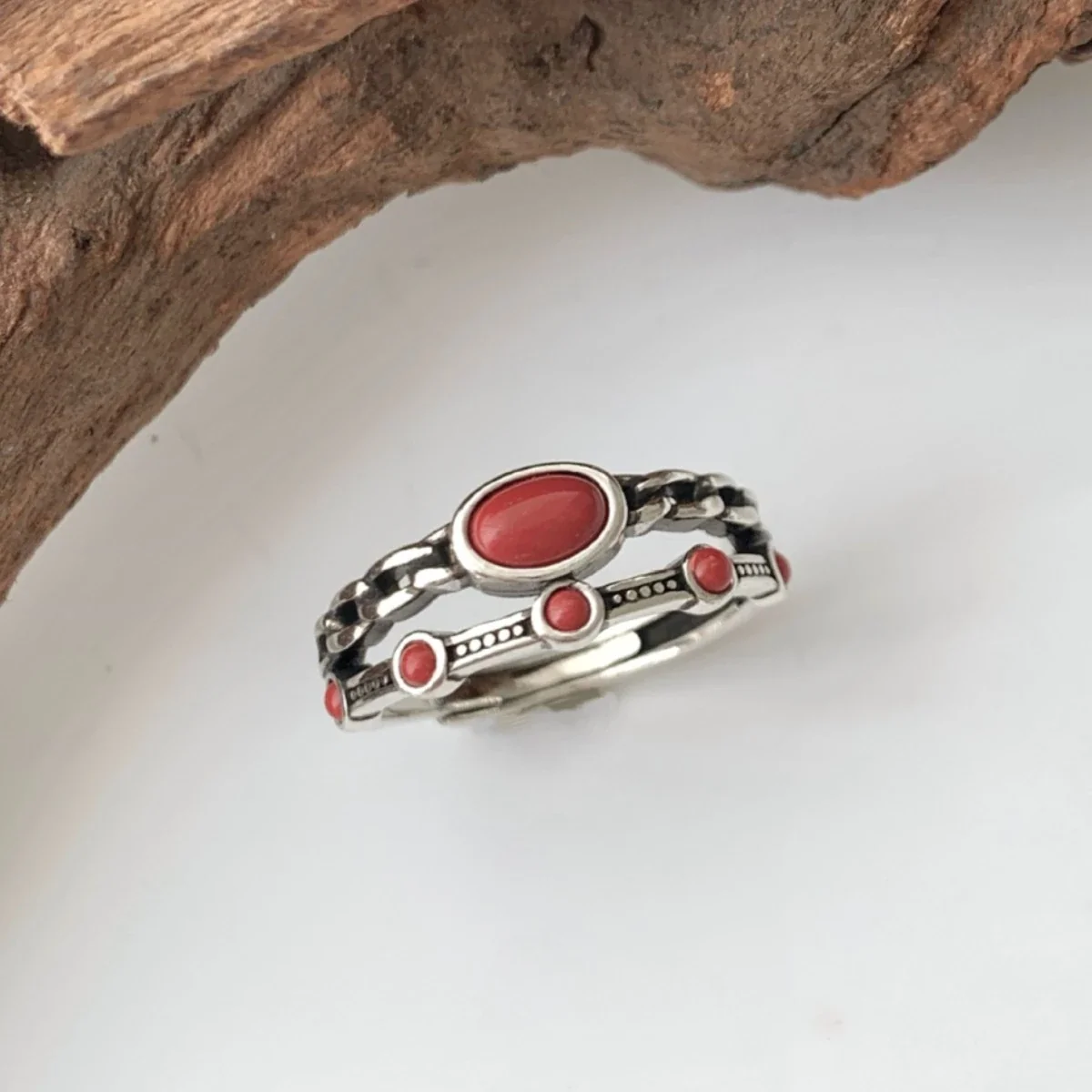 Vintage Silver-Plated Oval Red Bezel Copper Ring
