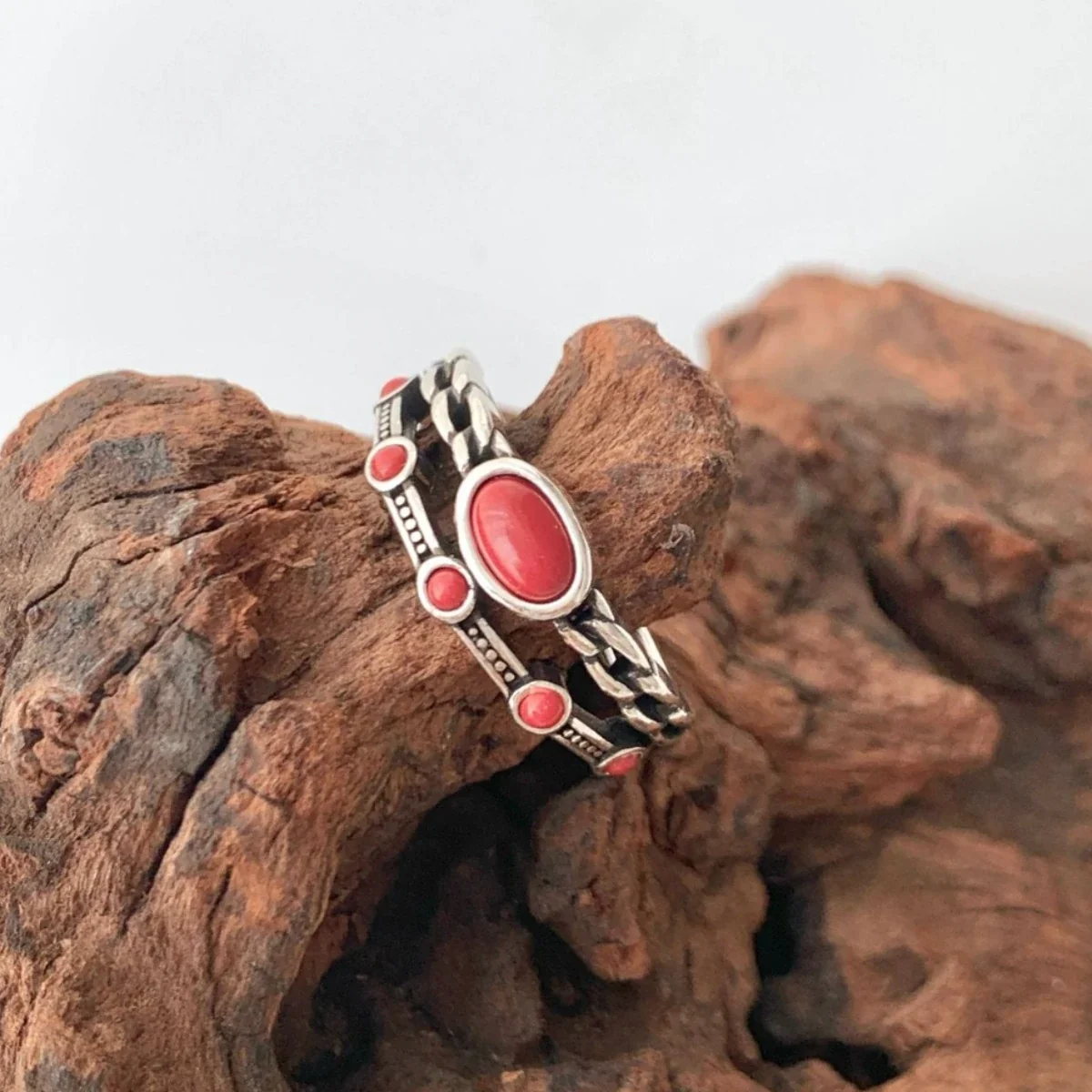 Vintage Silver-Plated Oval Red Bezel Copper Ring