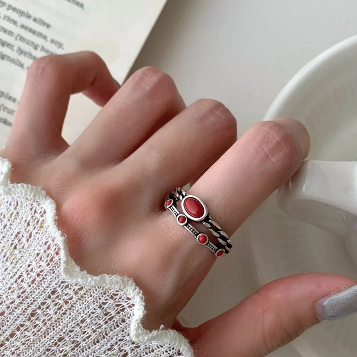 Vintage Silver-Plated Oval Red Bezel Copper Ring