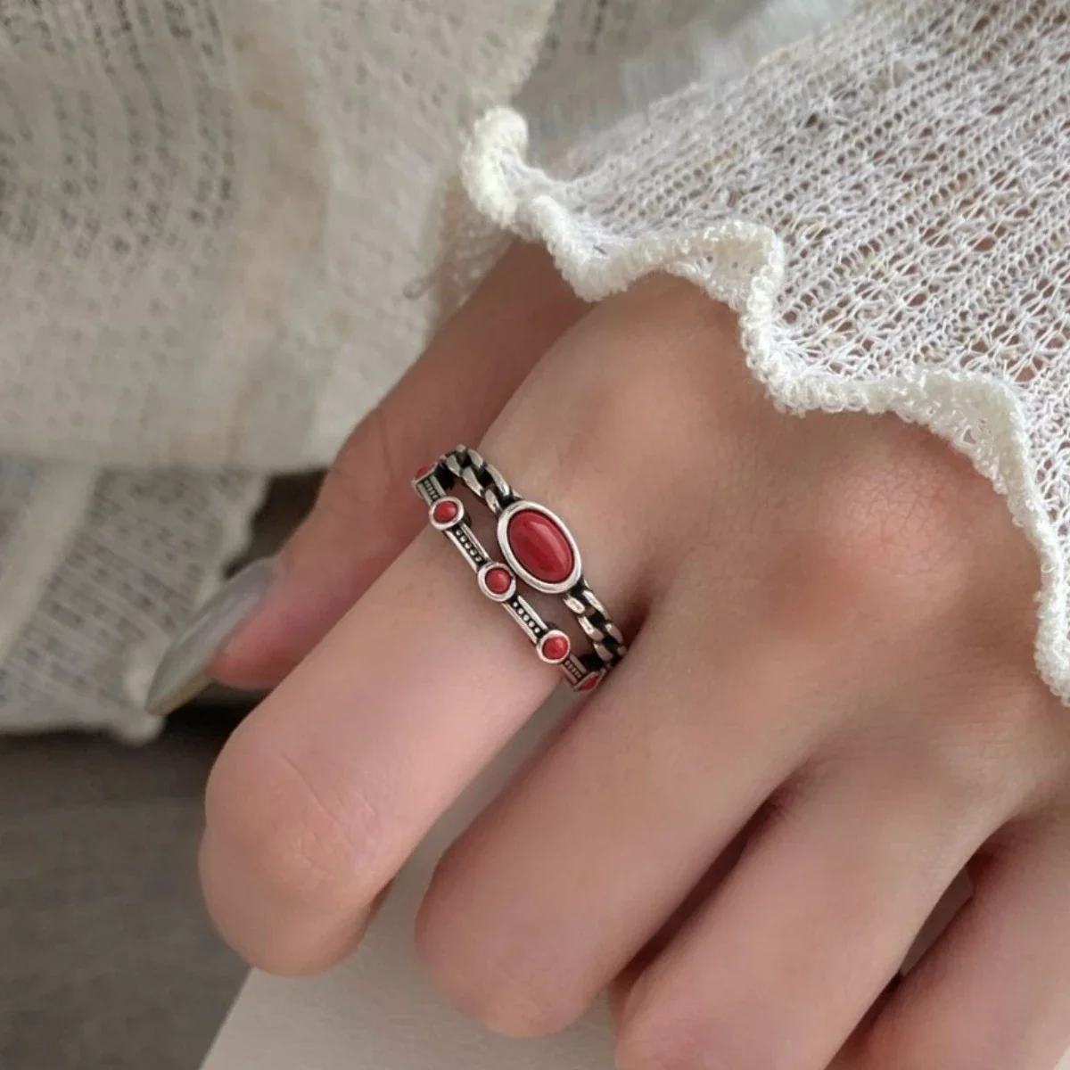 Vintage Silver-Plated Oval Red Bezel Copper Ring