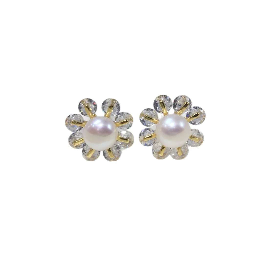 Radiant Flower Crystal Petal Freshwater Pearl Stud Earrings